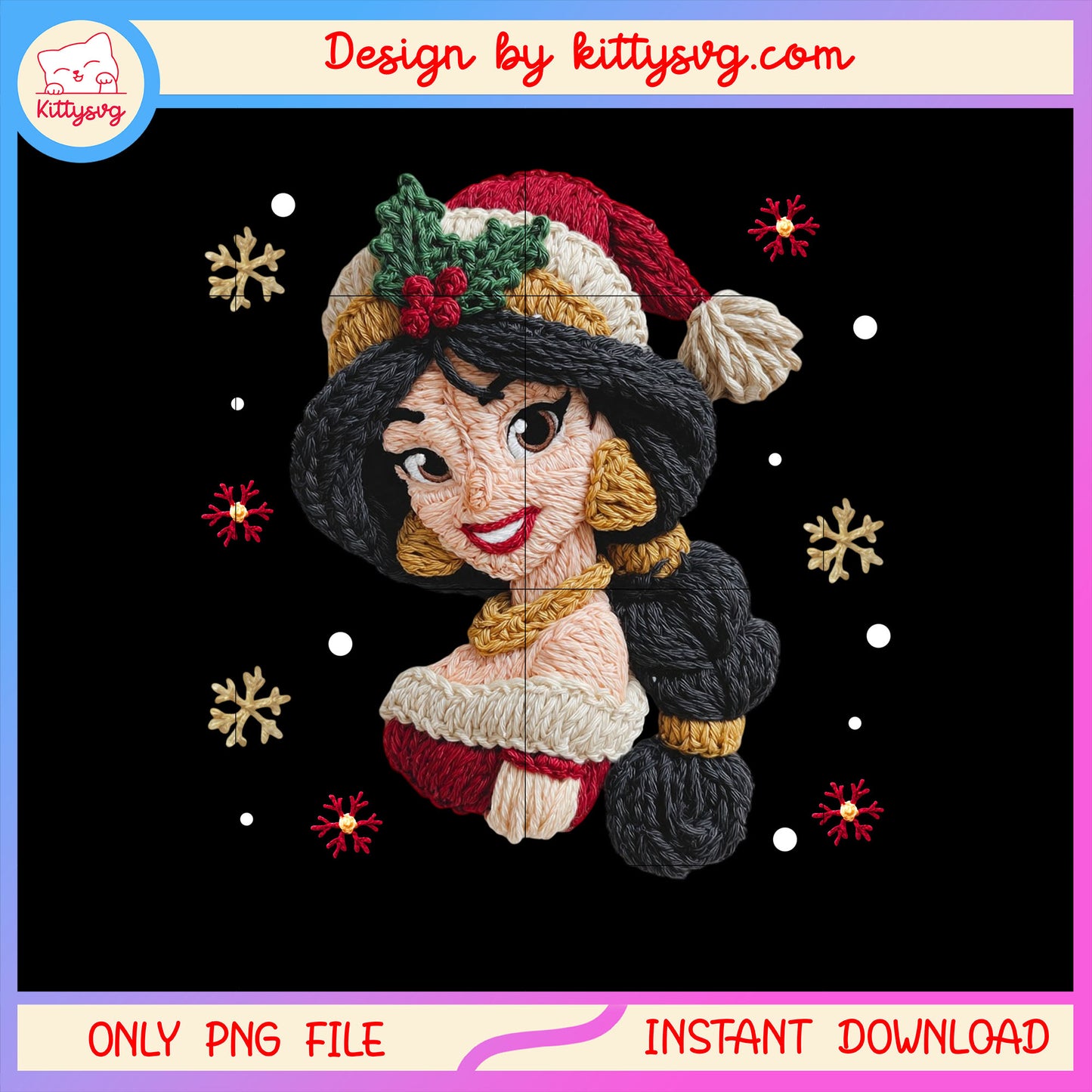 Jasmine face christmas patchwork png, disney jasmine cartoon png