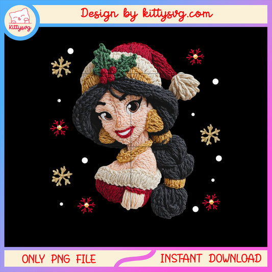 Jasmine face christmas patchwork png, disney jasmine cartoon png