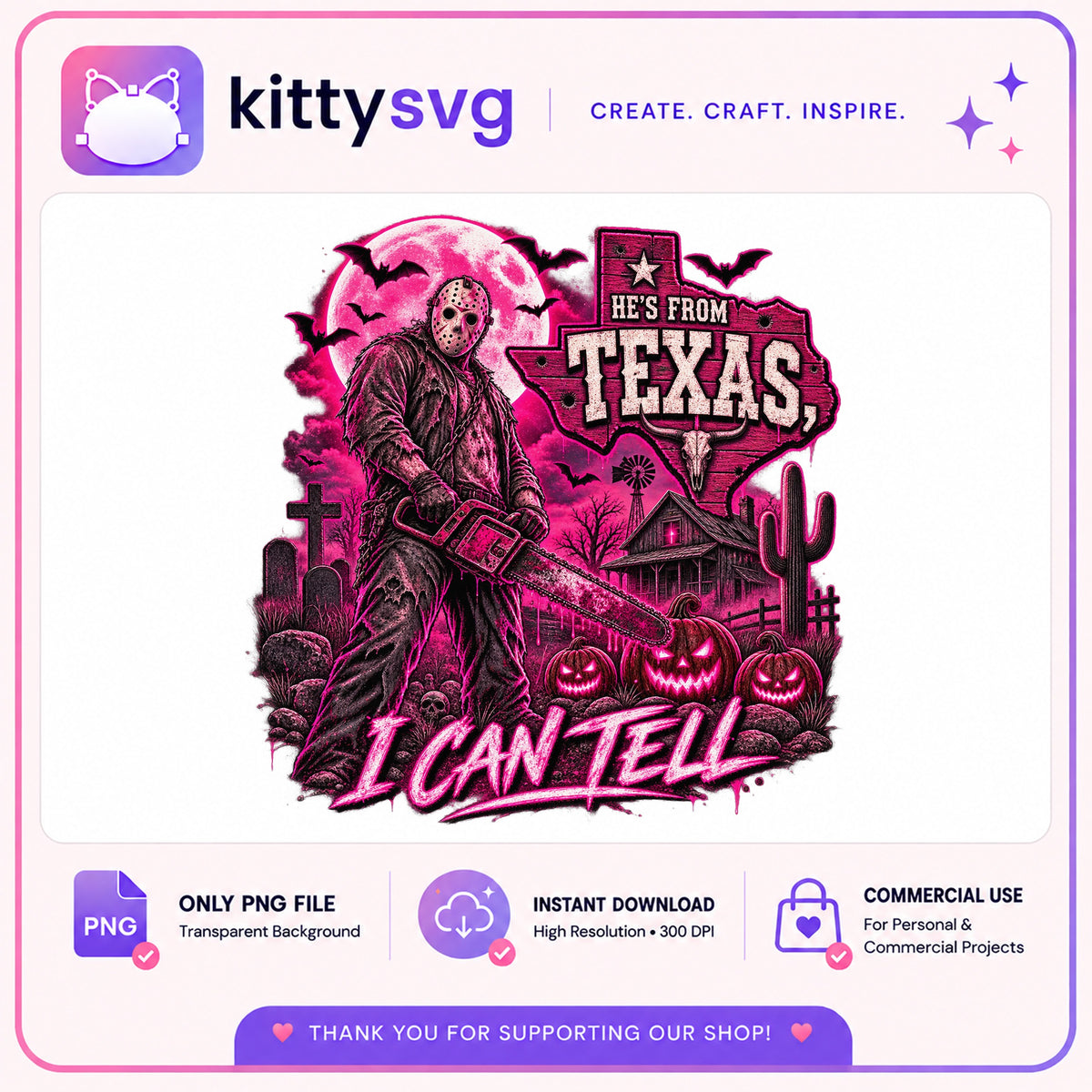 Jason Voorhees He's From Texas PNG, Halloween Horror PNG, Slasher Pink PNG