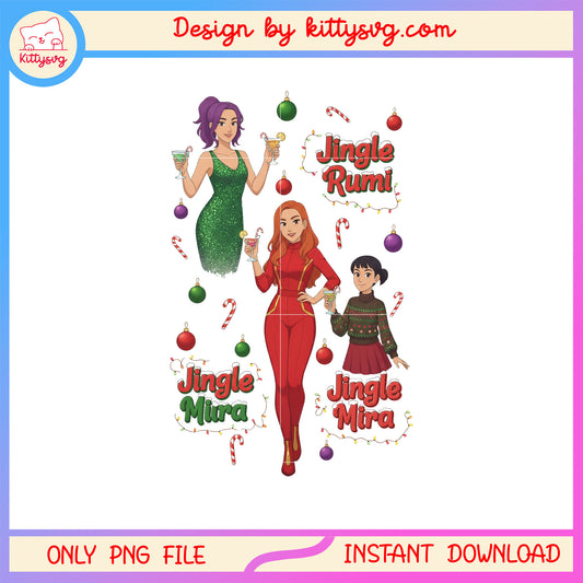 Jingle rumi mira zoey huntrix kpop christmas png, xmas png