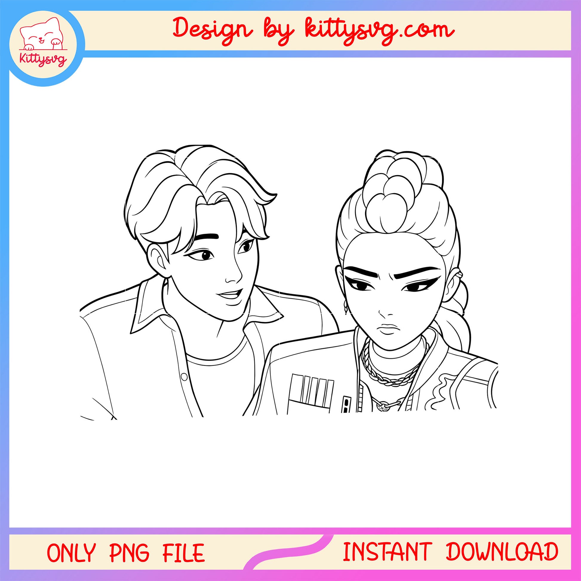 Jinu and rumi characters outline png, kpop demon hunters couple  png