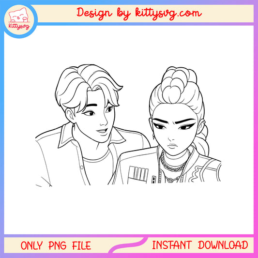 Jinu and rumi characters outline png, kpop demon hunters couple  png