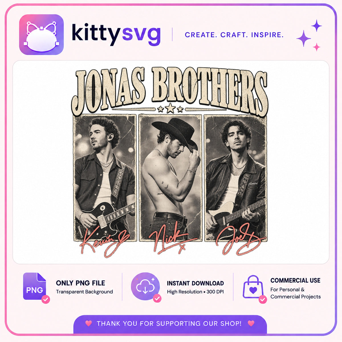 Jonas Brothers Vintage PNG, Kevin Nick Joe PNG, Band Tee PNG