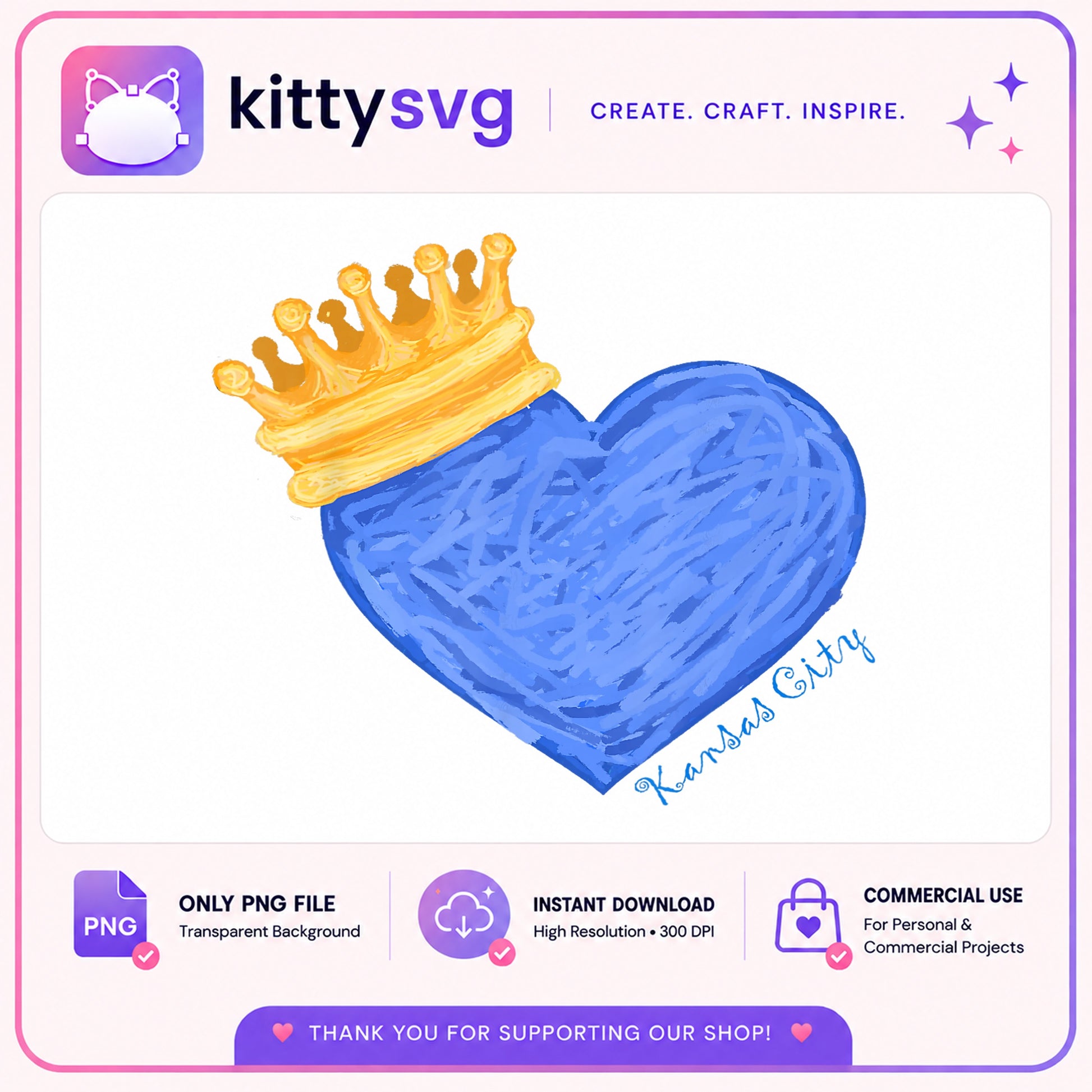 Kansas City Heart Crown PNG, Royal Blue Heart PNG, KC PNG