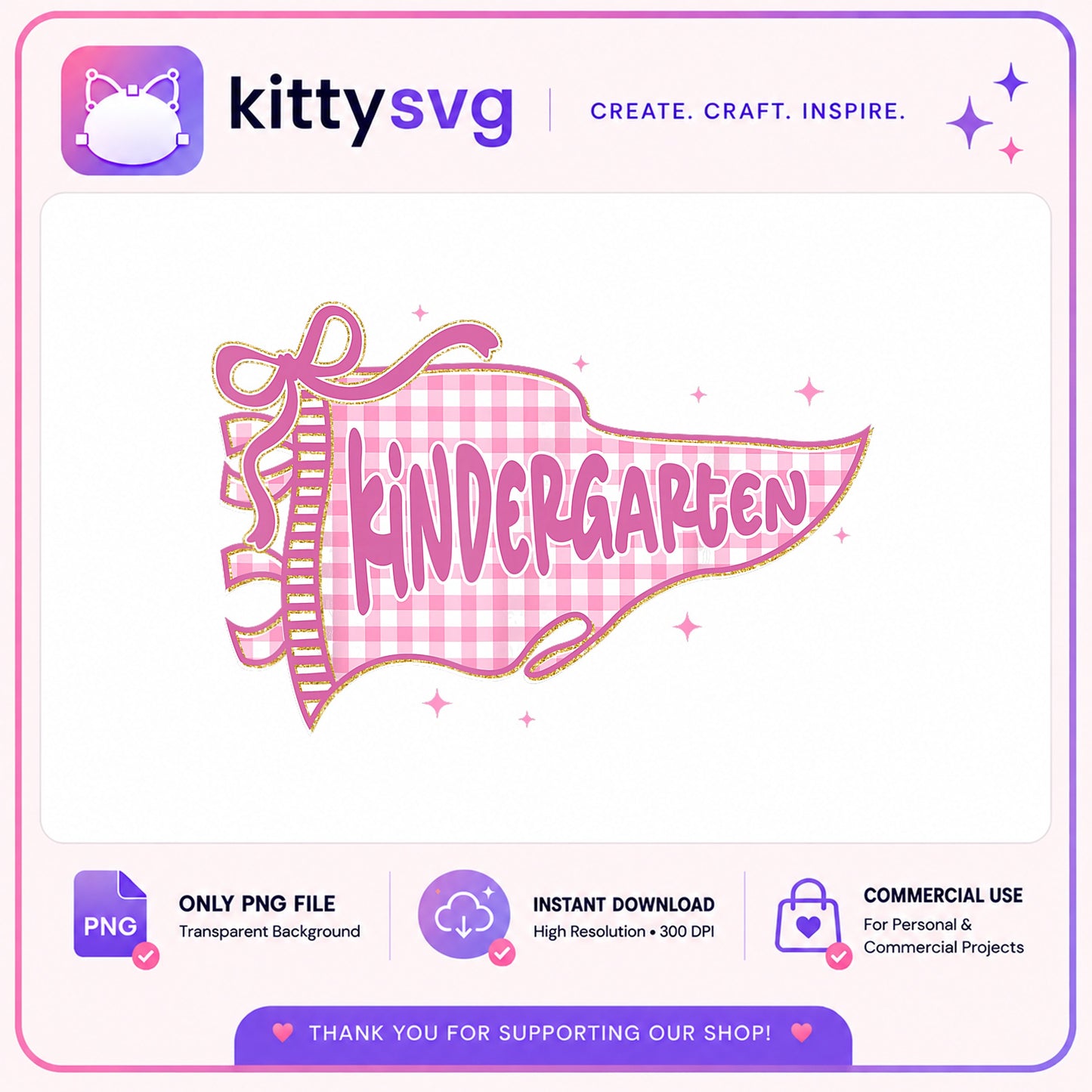 Kindergarten Pennant PNG, Pink Gingham Back To School PNG, Bow PNG