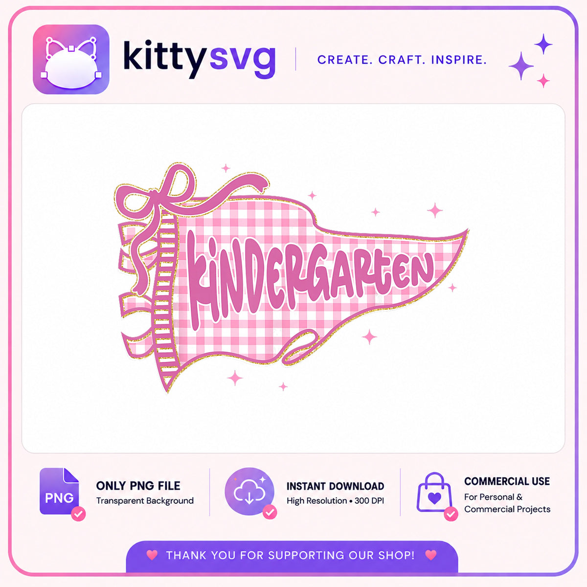 Kindergarten Pennant PNG, Pink Gingham Back To School PNG, Bow PNG