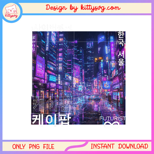 Korean cyberpunk seoul streetwear design png, korean country png