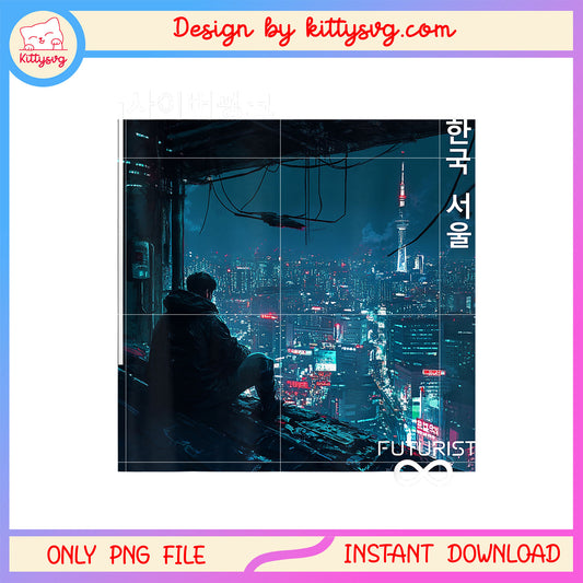 Korean cyberpunk seoul streetwear design png, korean  png