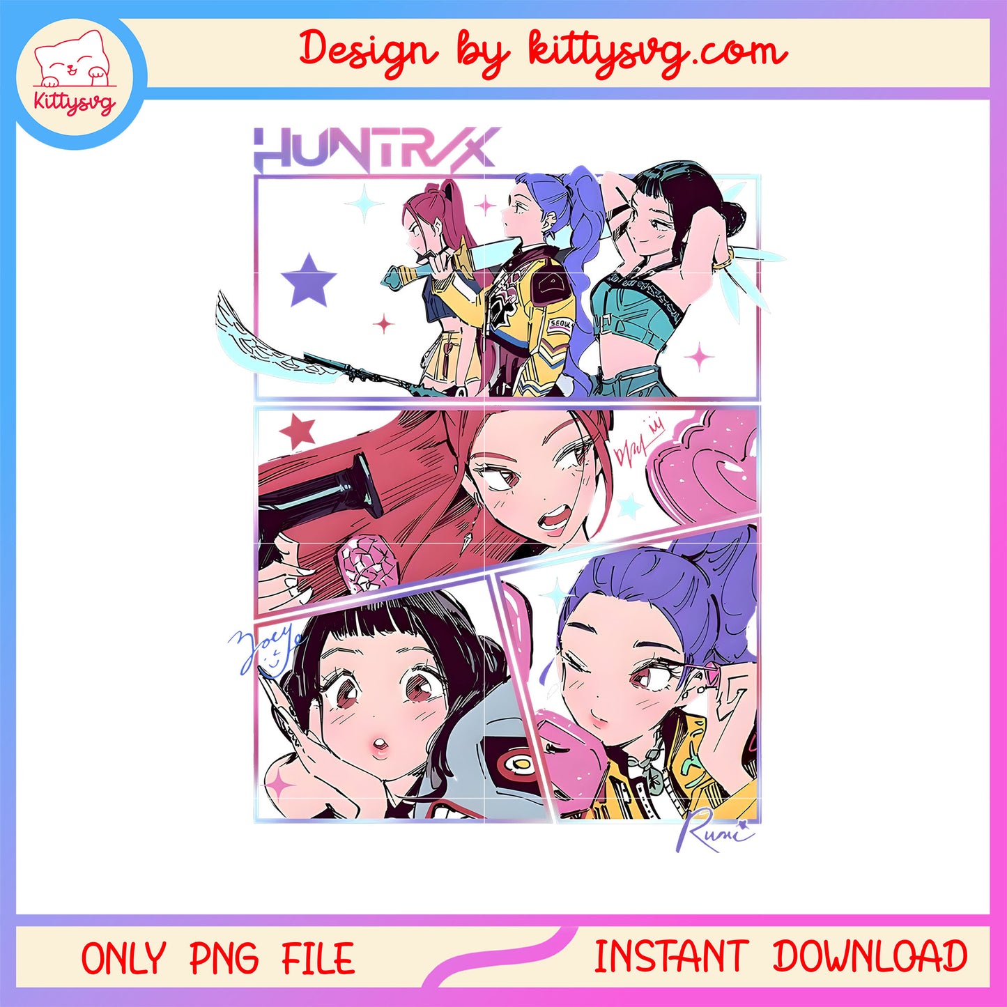 Kpop group huntrix members design png, sword  of demon hunter png