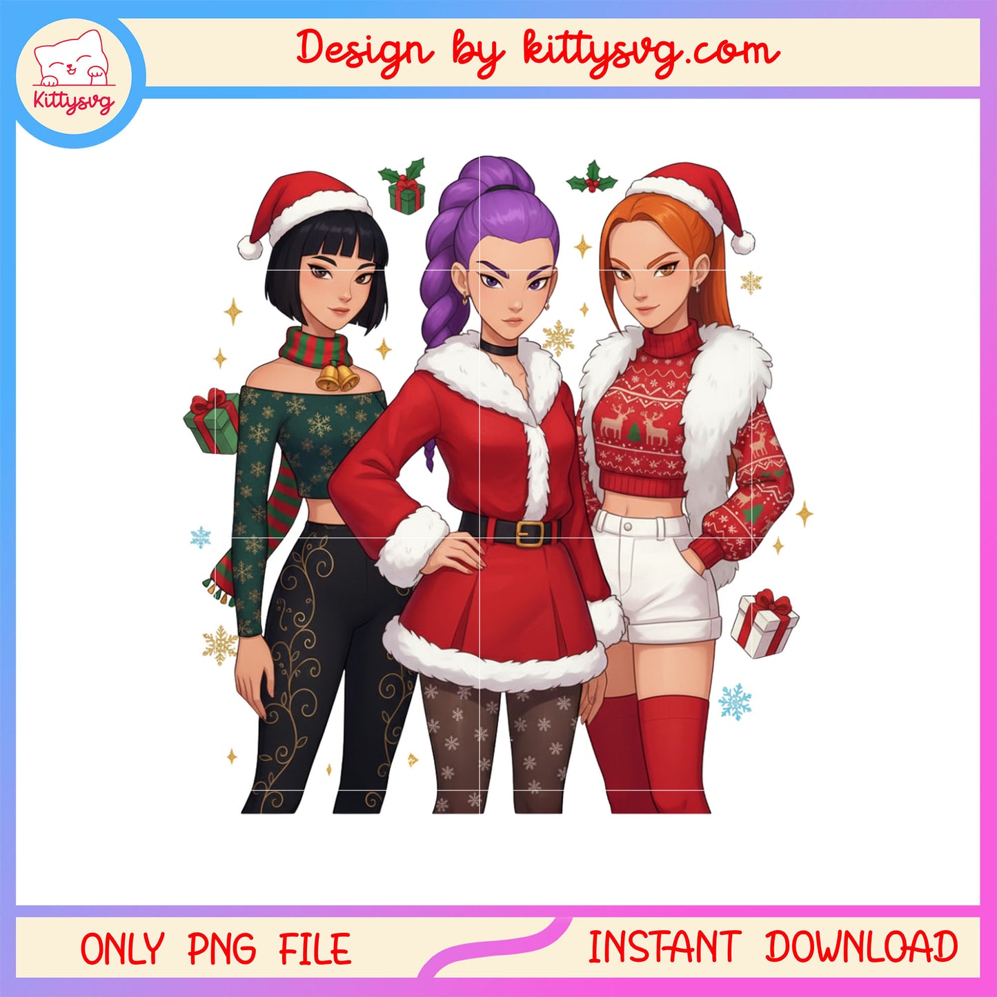Kpop hunters huntrix merry christmas decor png, kpop girl bands png 