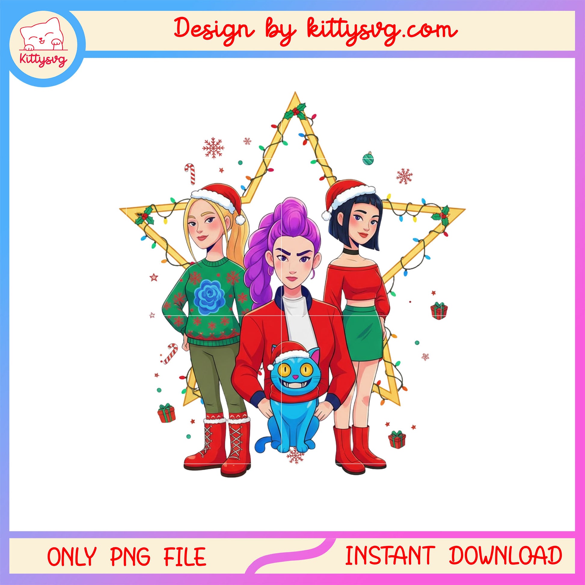 Kpop huntrix members christmas star frame png, kpop girl group png