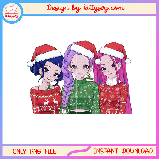 Kpop huntrix members wear santa hat design png, huntrix group png