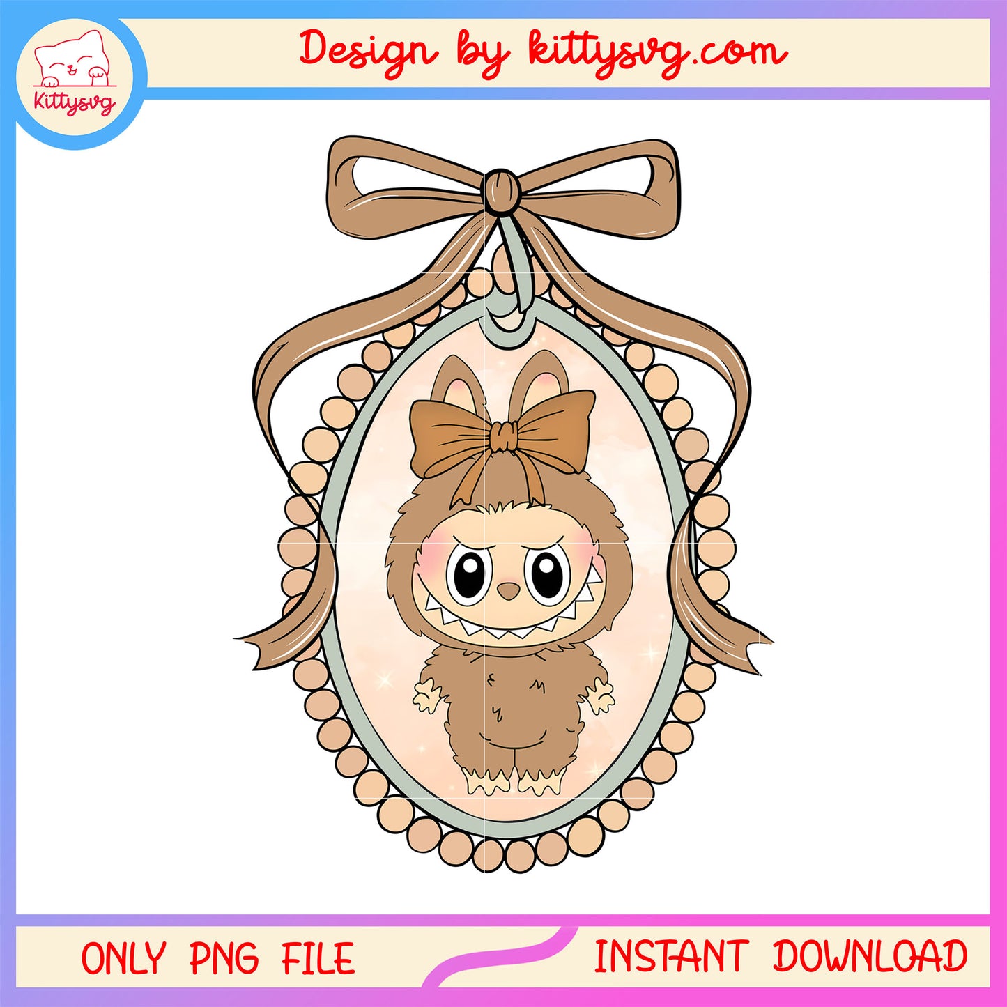 Labubu brown vintage bow mirror design png, labubu clothes brown png