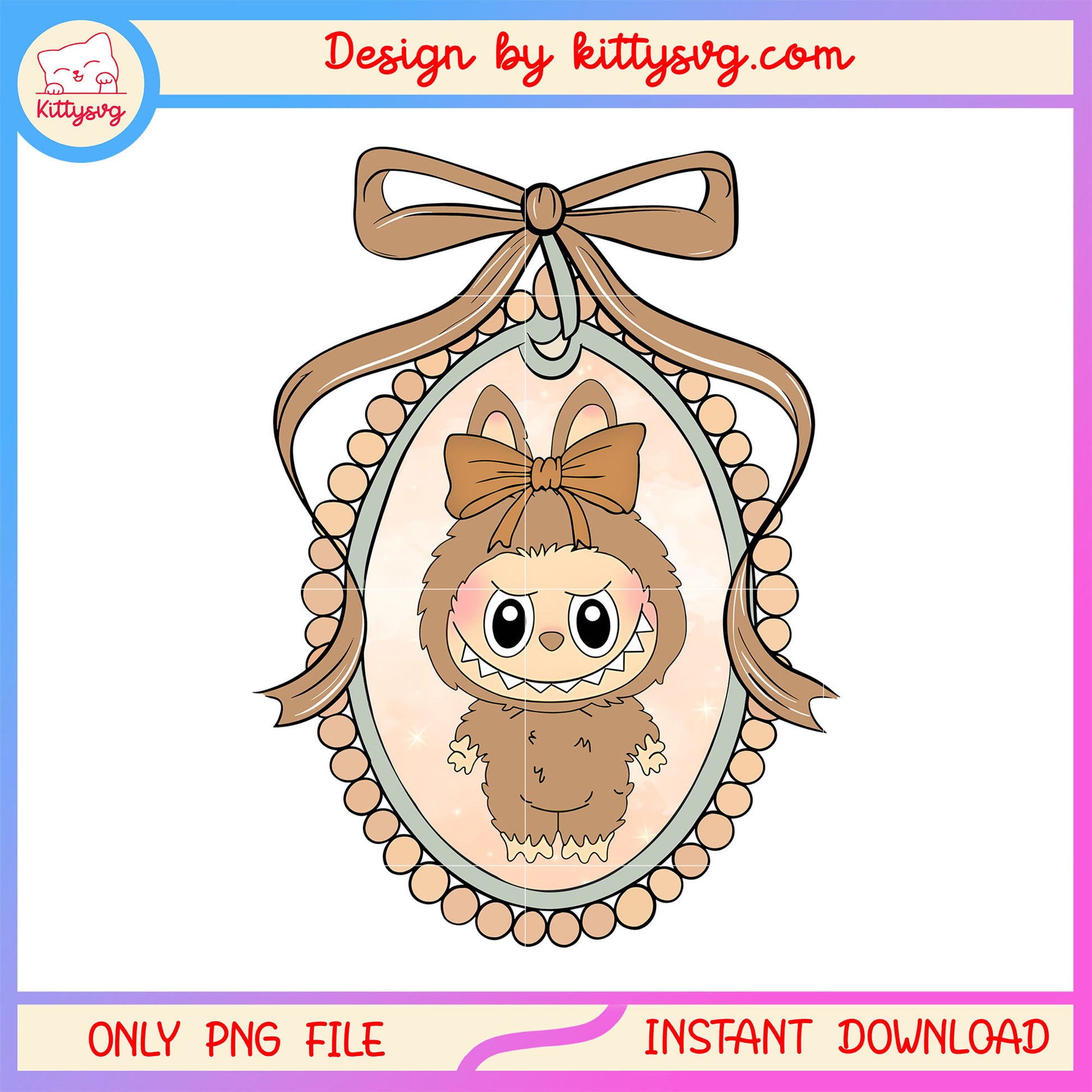 Labubu brown vintage bow mirror design png, labubu clothes brown png
