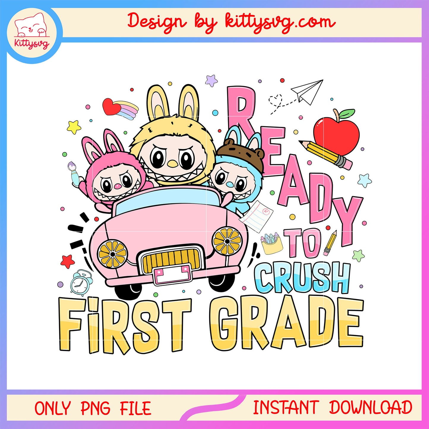 Labubu colorful driving car ready to crush first grade png, back to school drawing png