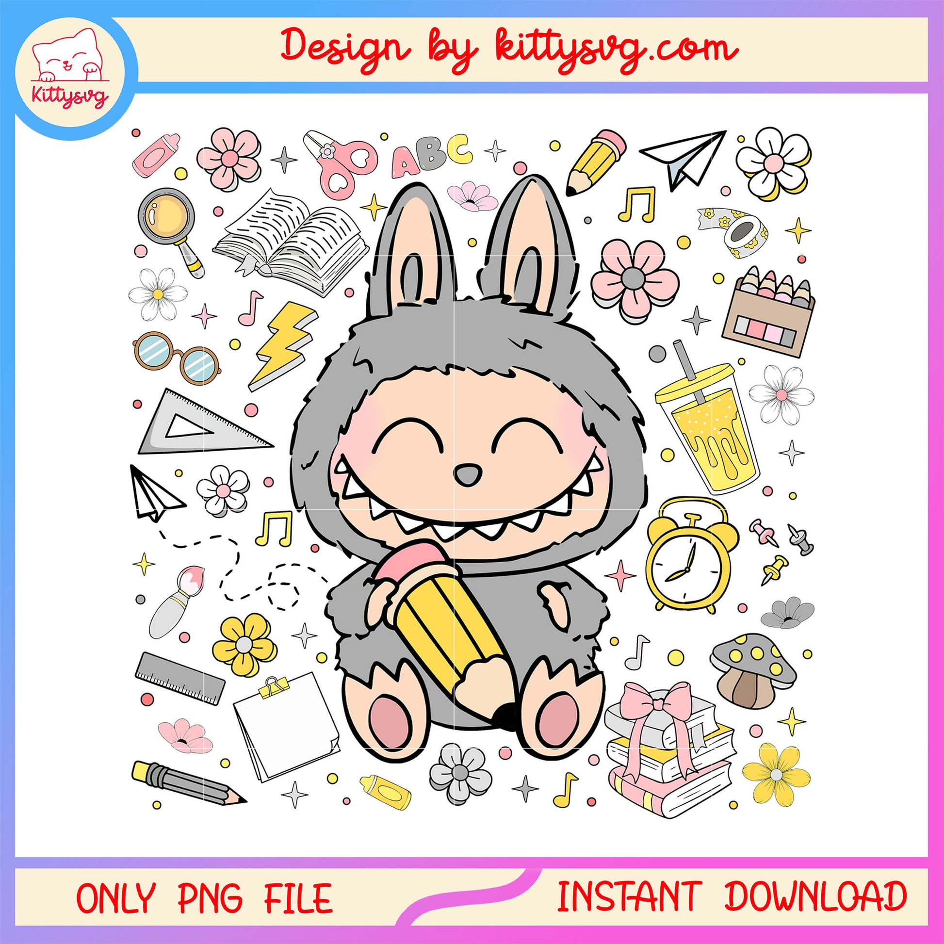 Labubu happy student back to school design png, school supplies png