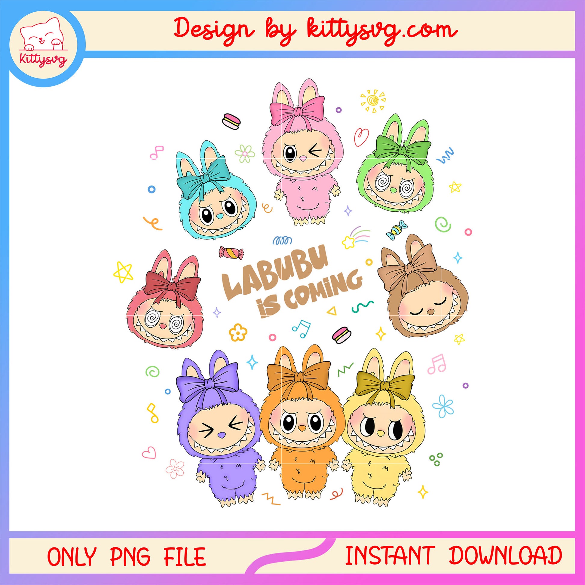 Labubu is coming costume design png, labubu macaron decoration png