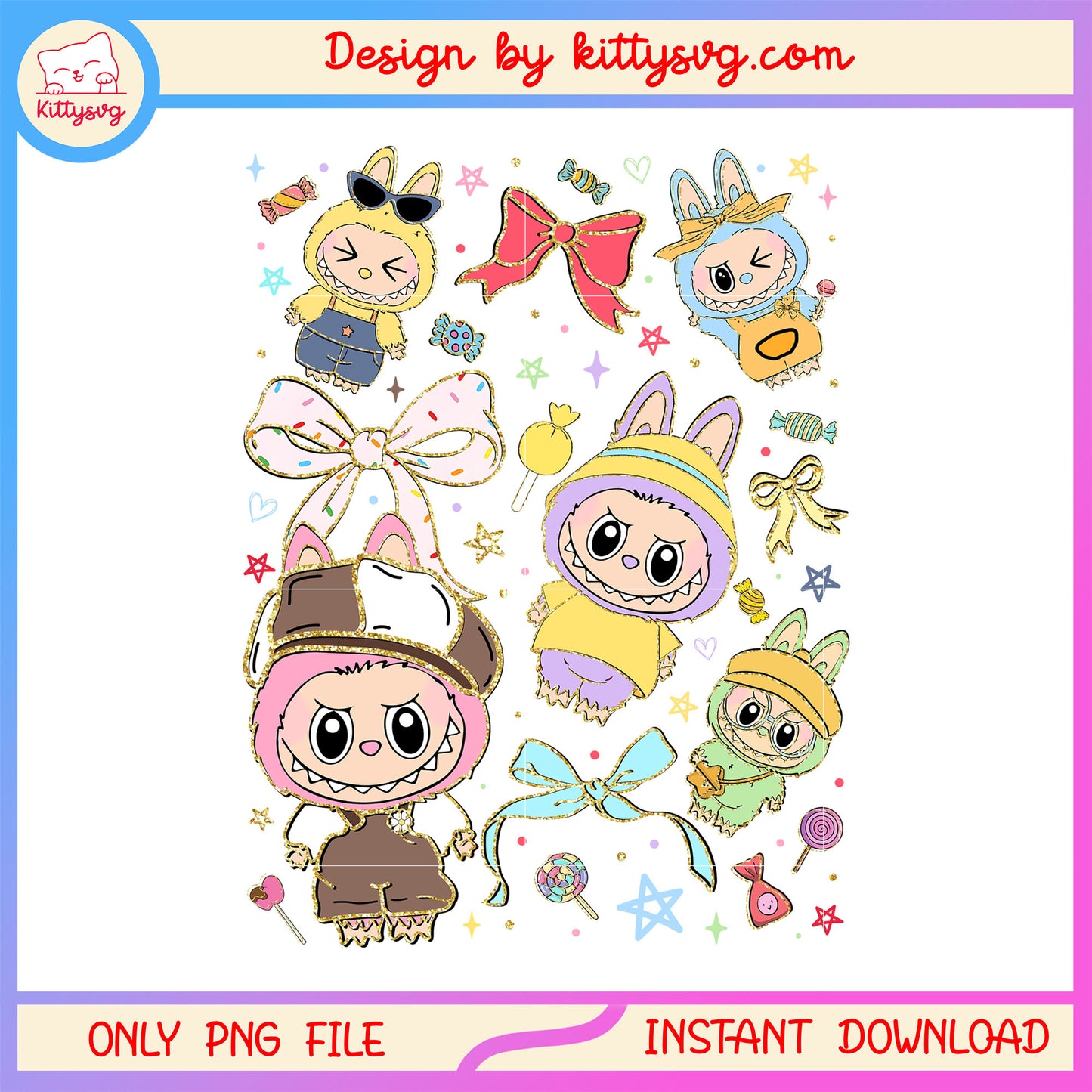 Labubu monster dolls bow emotions costumes design png, labubu draw png