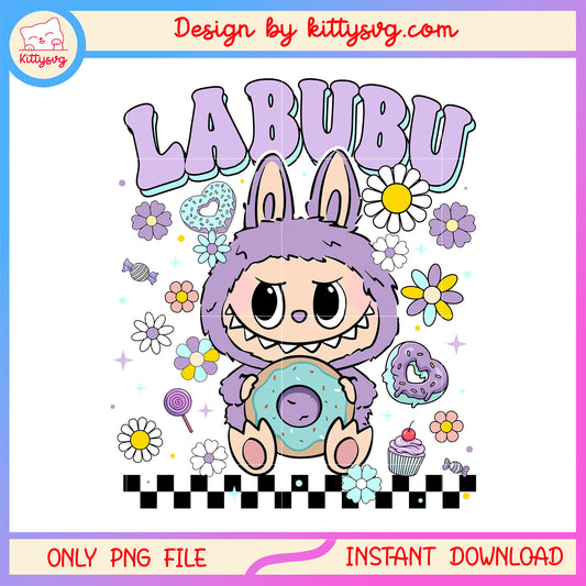 Labubu monster holding floral donut design png, labubu clothes png