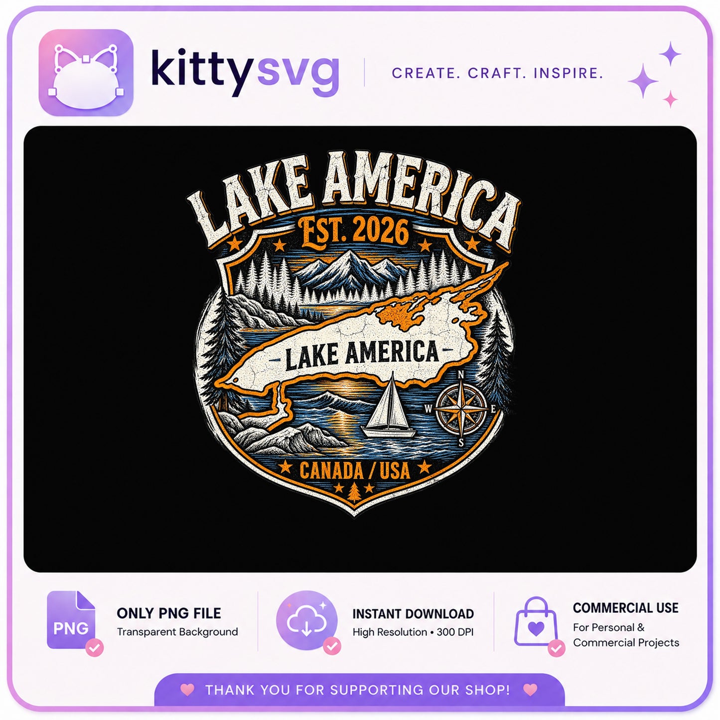 Lake America Est 2026 PNG, Retro Lake Badge PNG, Canada USA PNG