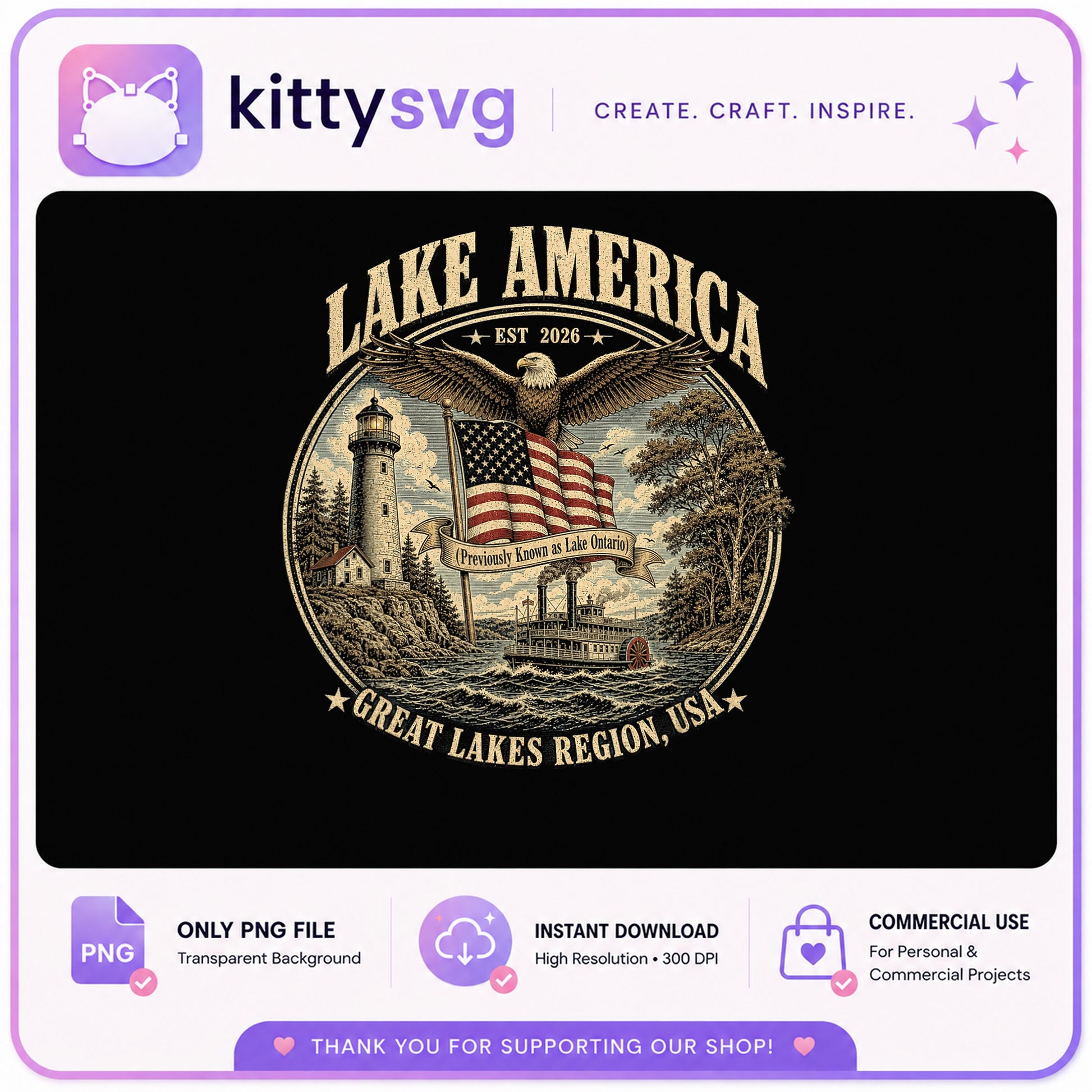 Lake America PNG, Great Lakes Patriotic Eagle Flag PNG, 4th Of July PNG