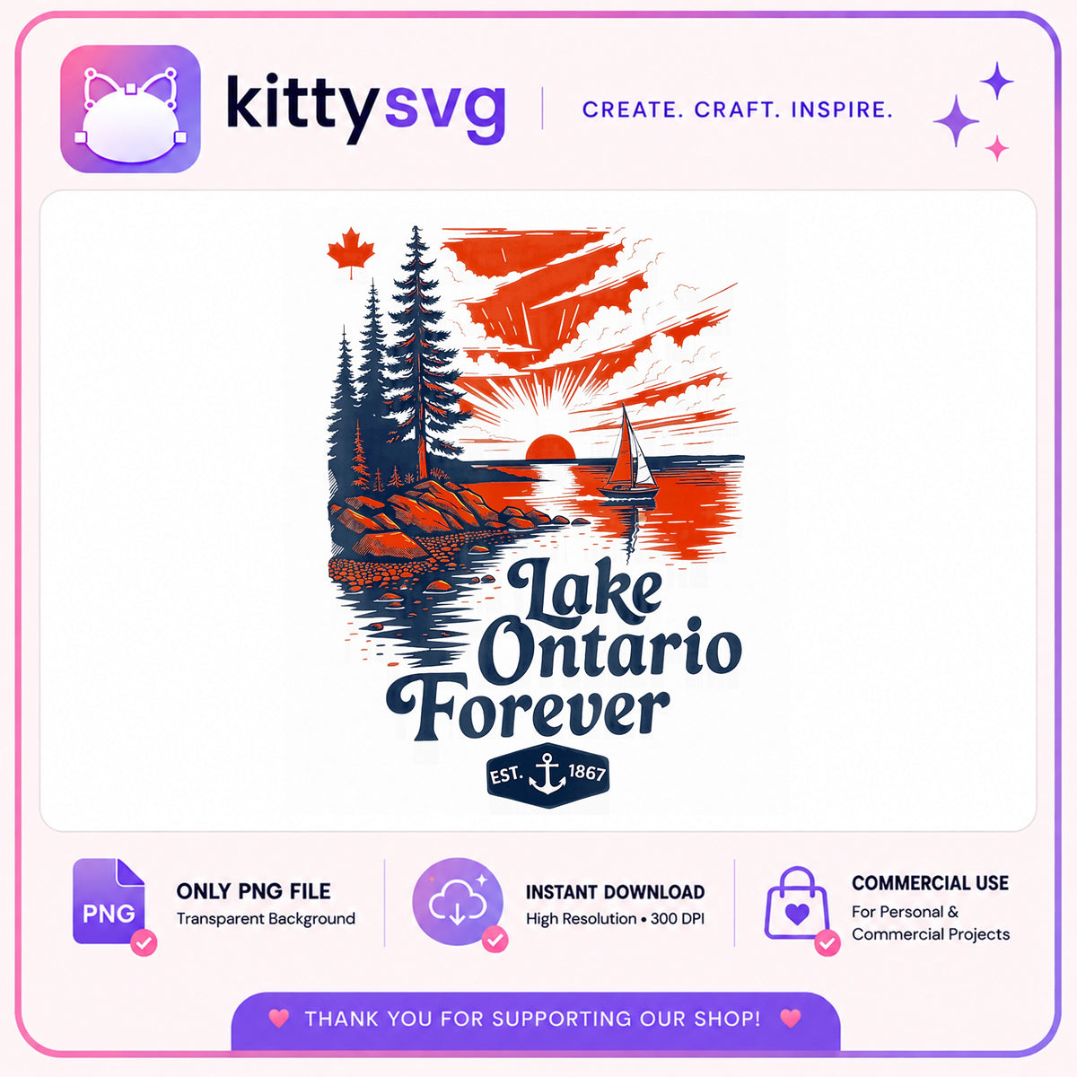 Lake Ontario Forever PNG, Canada Lake Shirt Design, Sailing PNG
