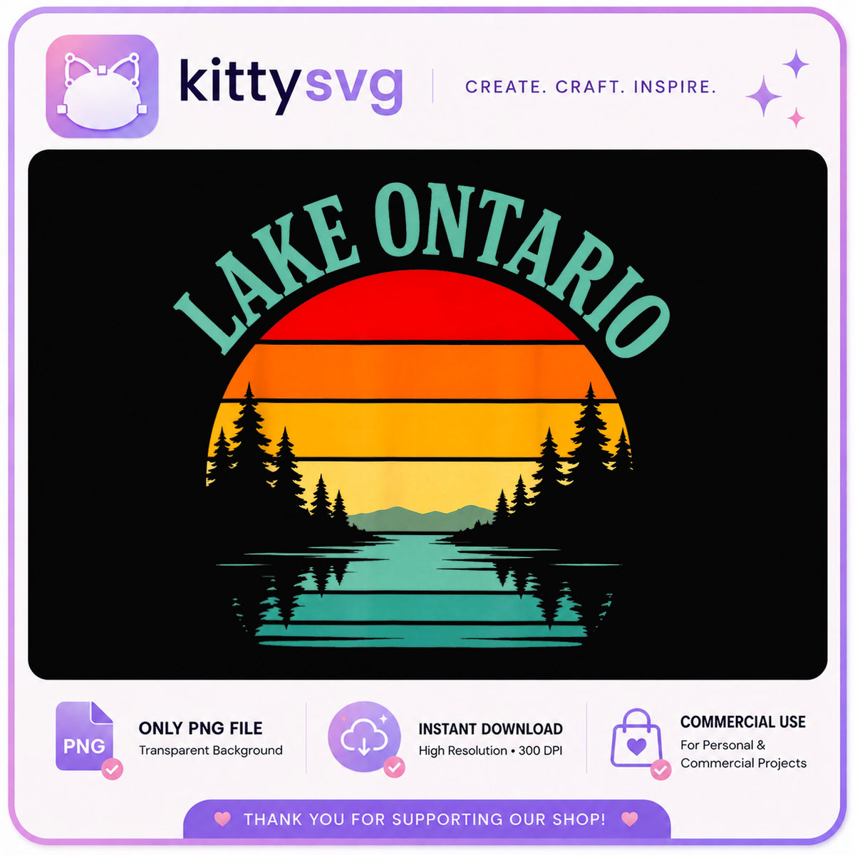 Lake Ontario PNG, Retro Sunset Lake Shirt Design, Nature PNG