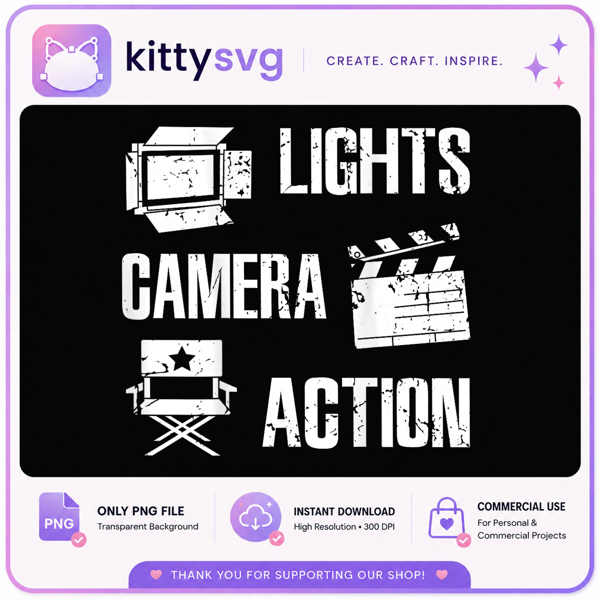 Lights Camera Action PNG, Movie Director Shirt PNG, Film Clipart PNG