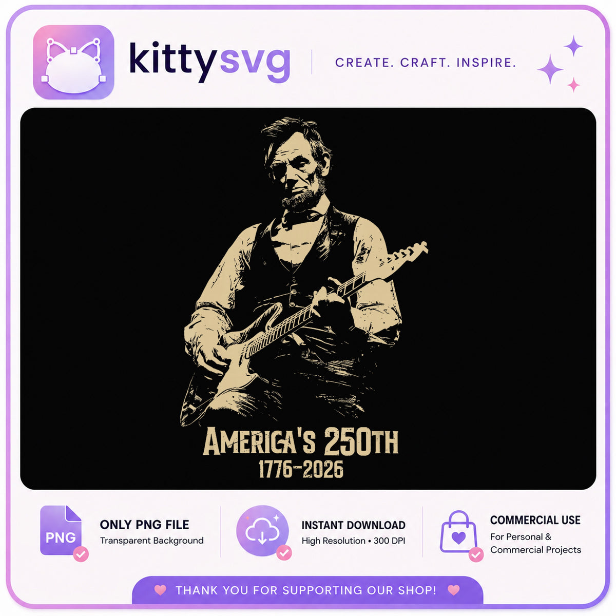 Lincoln Playing Guitar Americas 250th PNG, 1776 2026 PNG, 4th Of July PNG