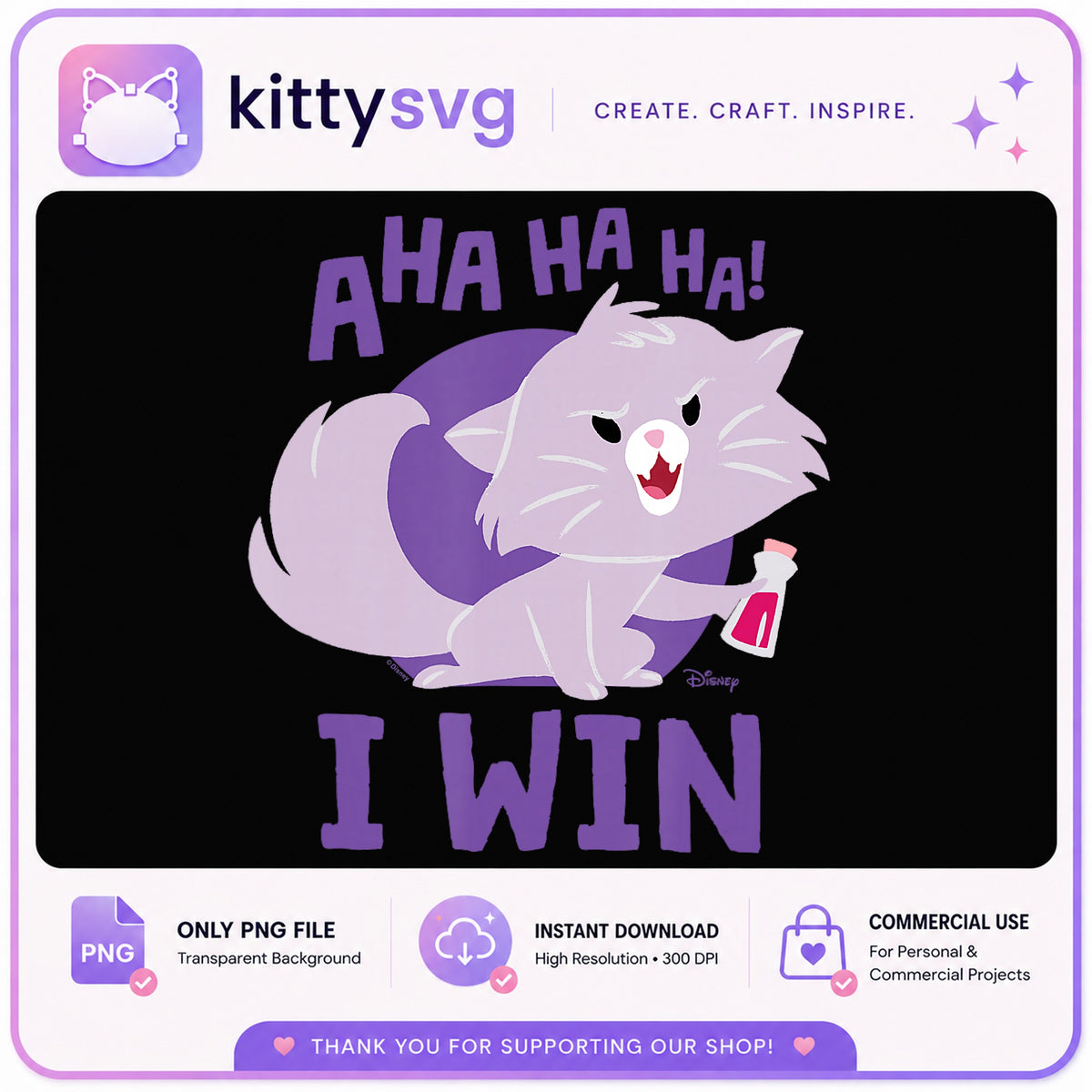 Lucifer Cat Cinderella PNG, Disney Funny Cat I Win PNG, Disney PNG