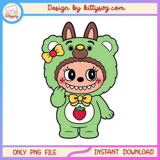 Macaron labubu cosplay strawberry bear png, monster labubu png