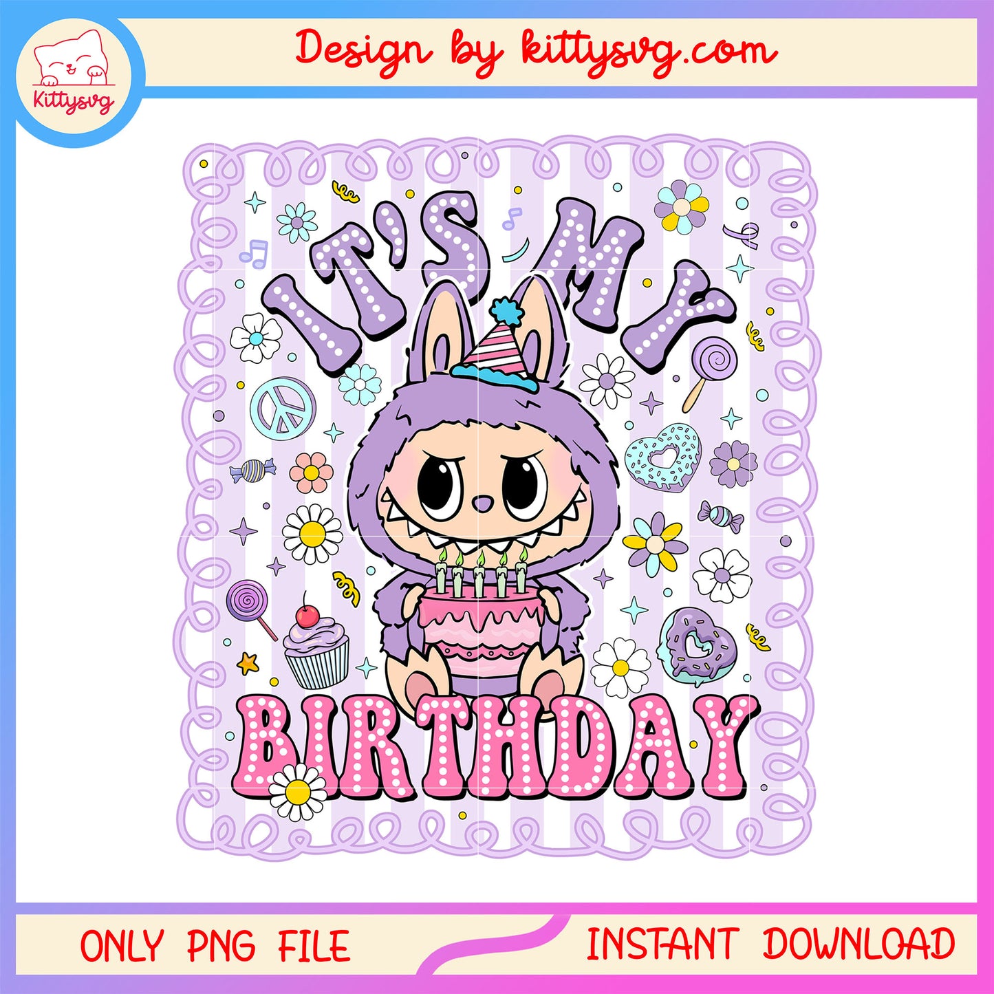 Macaron labubu it's my birthday design png, labubu png