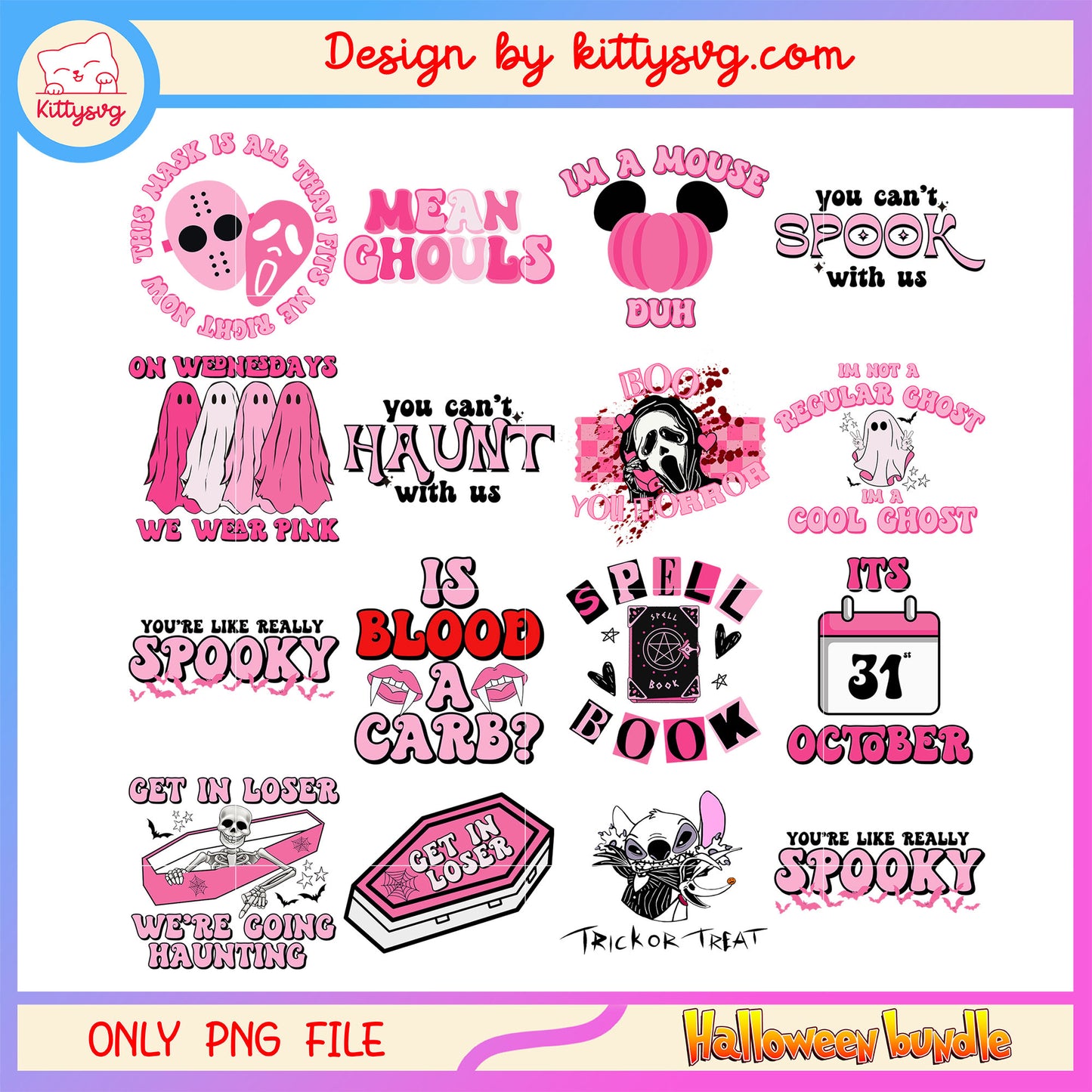 Mean girls halloween themed pink bundle png, cute halloween ghost​ png