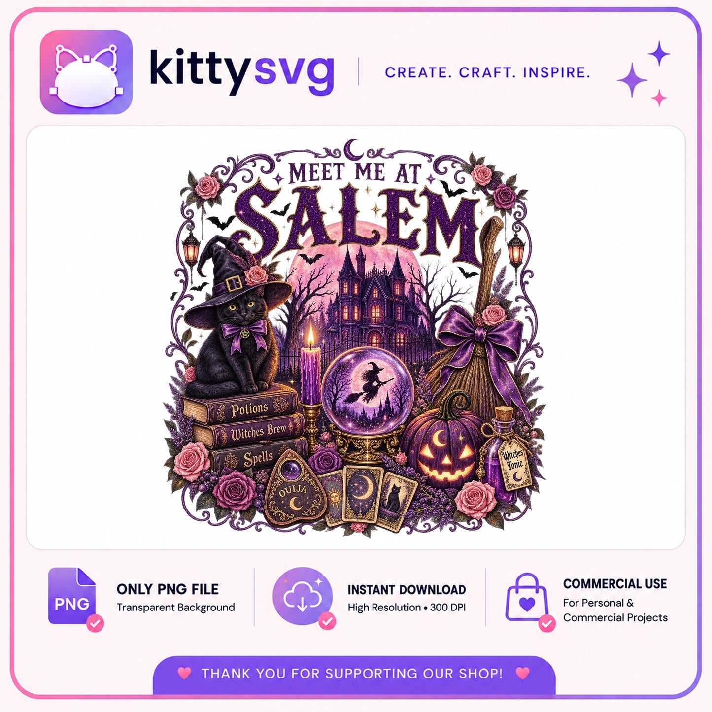 Meet Me At Salem PNG, Halloween Witch Black Cat PNG, Spooky PNG