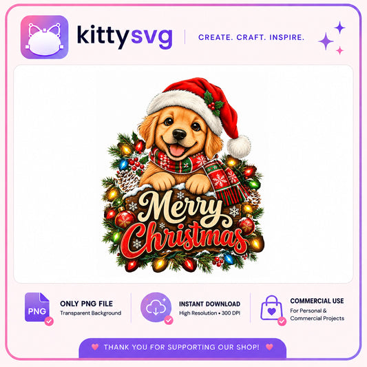 Merry Christmas Golden Retriever PNG, Dog Christmas PNG, Cute Puppy PNG