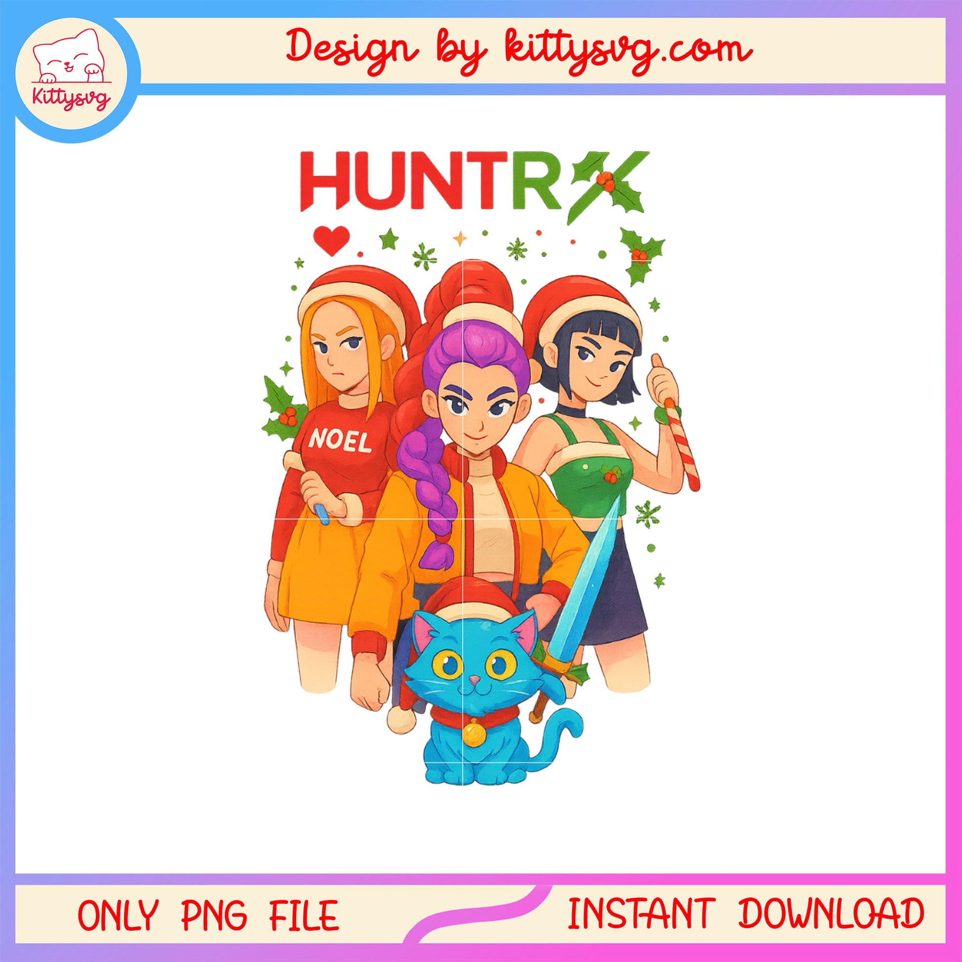 Merry christmas kpop huntrix with tiger art png, huntrix cast png