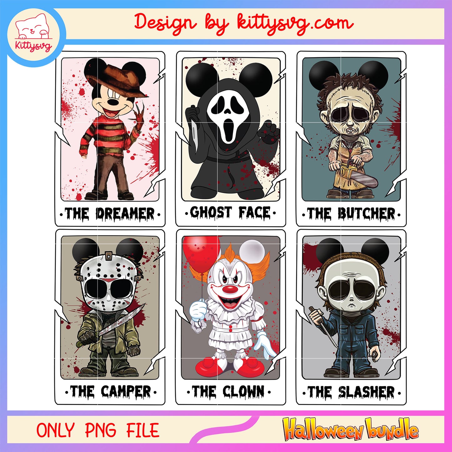 Mickey cosplay horror characters bundle png, mickey mouse halloween​ png