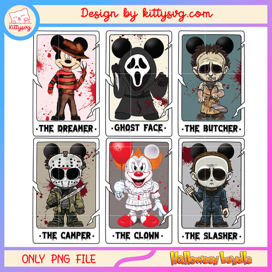 Mickey cosplay horror characters bundle png, mickey mouse halloween​ png