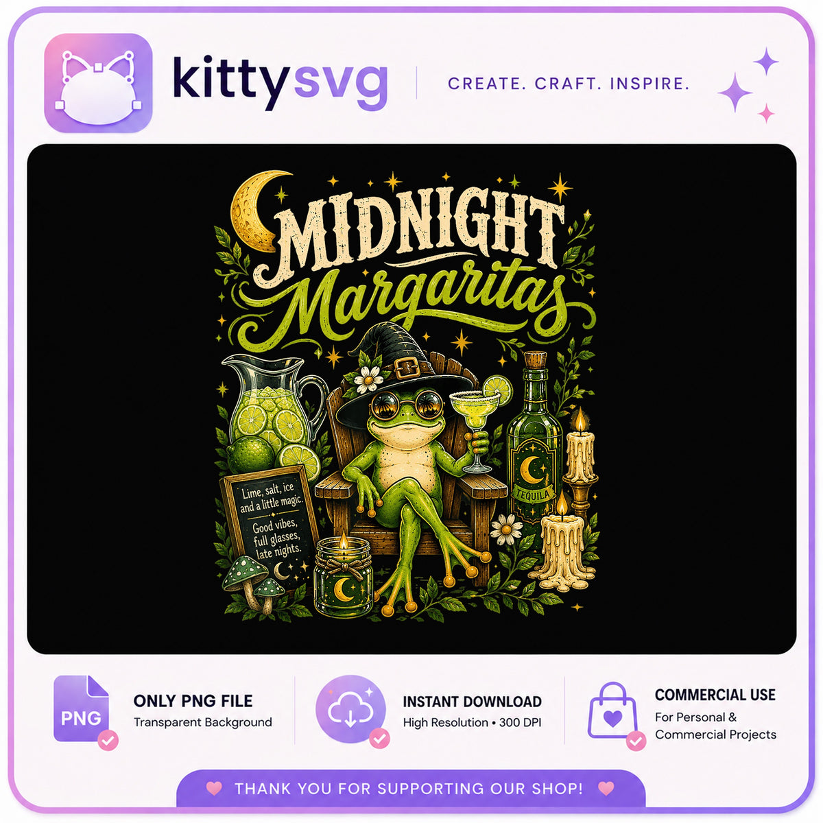 Midnight Margaritas Frog PNG, Witch Frog Tequila PNG, Halloween PNG