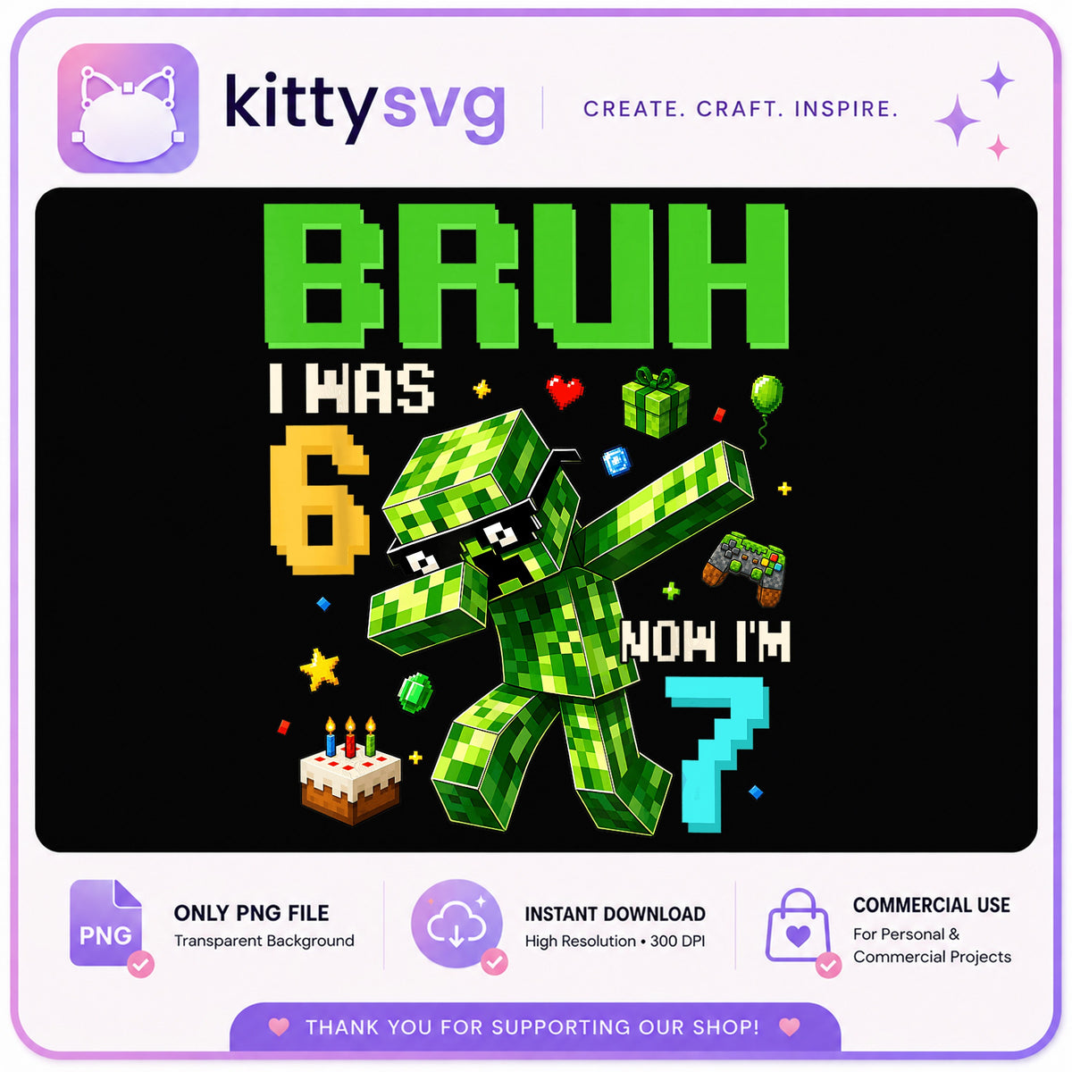 Minecraft Creeper 7th Birthday PNG, Bruh I Was 6 Now Im 7, Gamer Birthday PNG