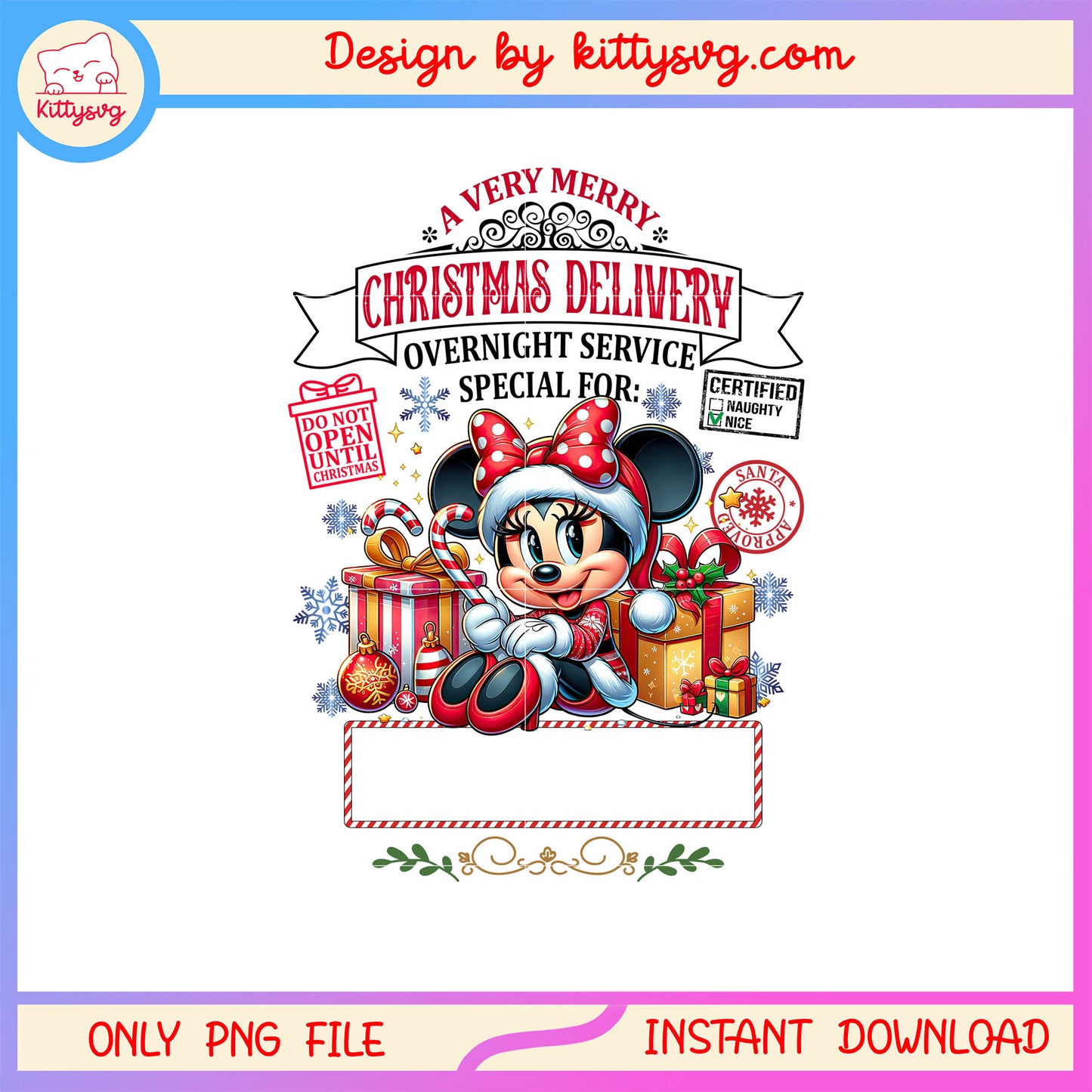 Minnie very merry christmas delivery png, disney minnie png