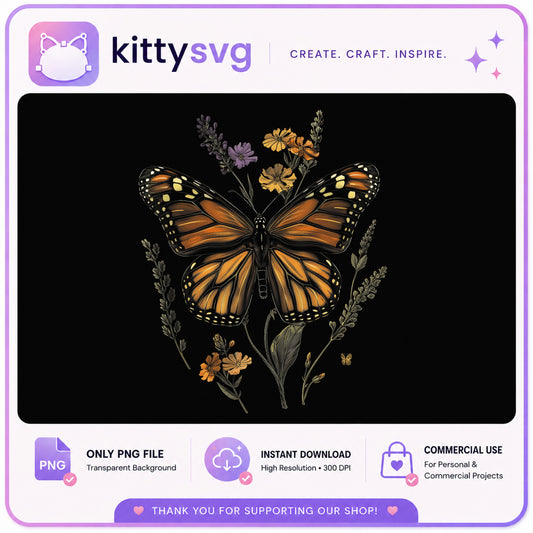 Monarch Butterfly Wildflower PNG, Boho Butterfly PNG, Floral PNG