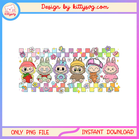 Monster cute labubu doll costumes collage design png, costume labubu png