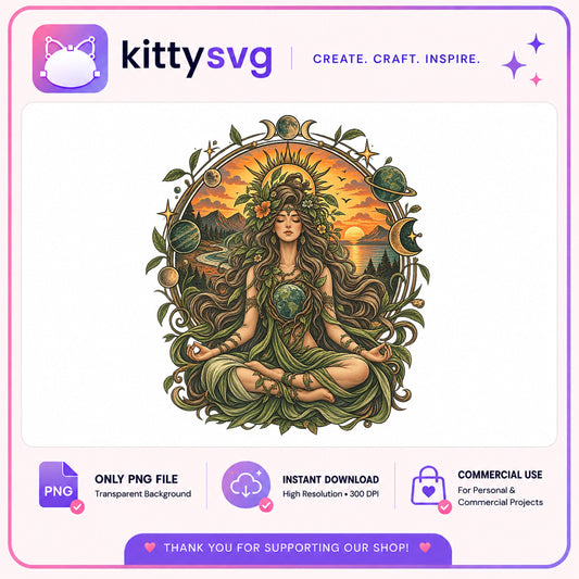 Mother Earth Goddess Meditation PNG, Boho Celestial PNG, Moon Phase PNG
