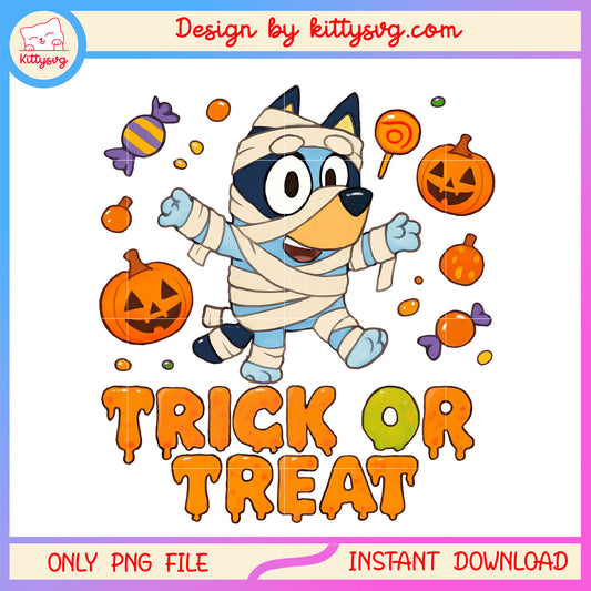Mummy bluey and pumpkin halloween png, trick or treat png