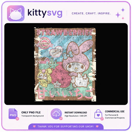 My Melody Strawberries Vintage Retro PNG, Sanrio PNG, Kawaii PNG