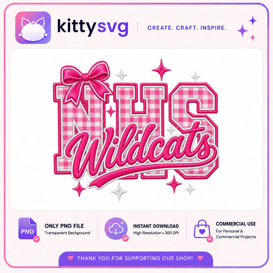NHS Wildcats PNG, Coquette Bow School Mascot, Pink Plaid PNG