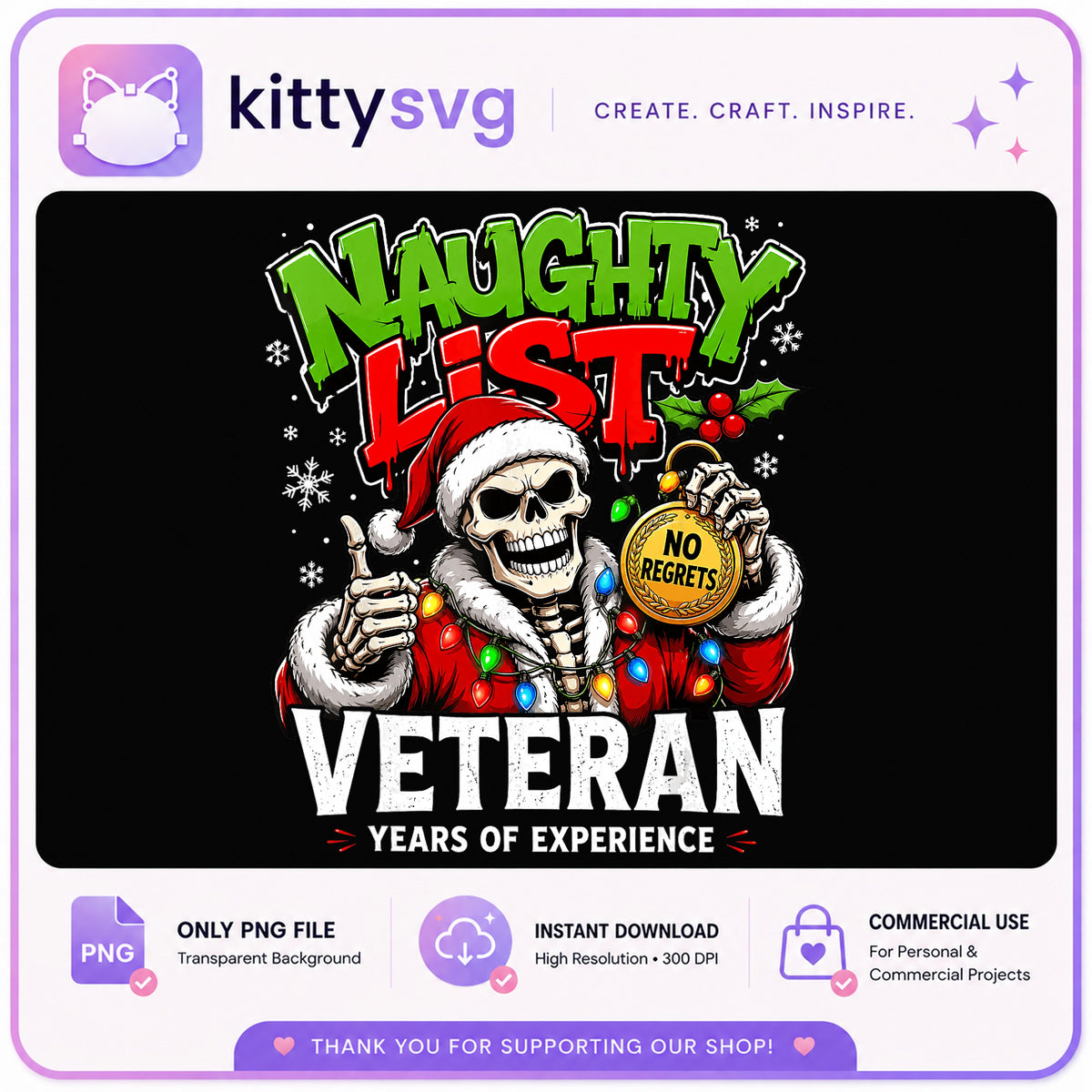 Naughty List Veteran Skeleton PNG, Christmas Skull PNG, Holiday PNG