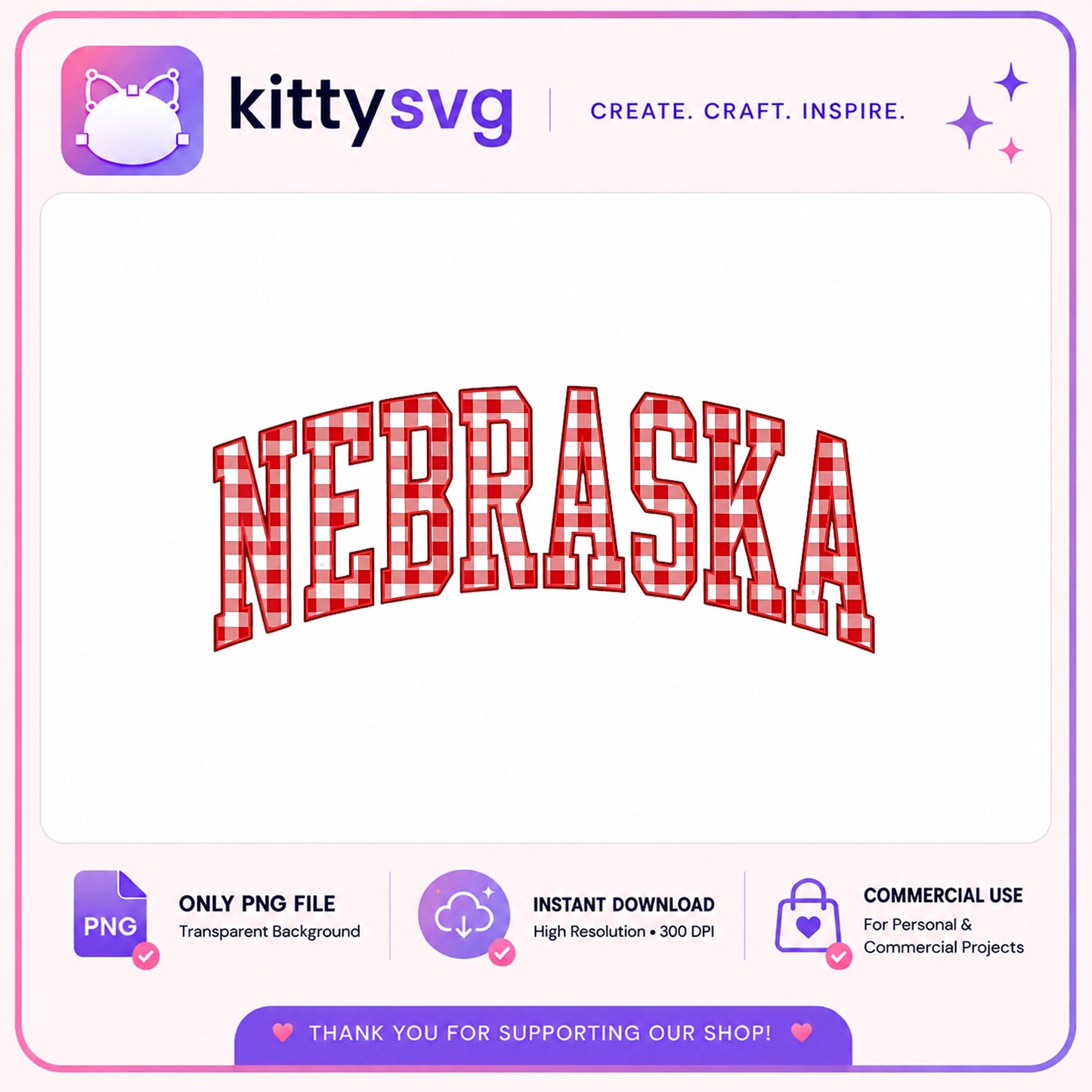 Nebraska Gingham Arched PNG, Nebraska State Shirt PNG, Huskers PNG