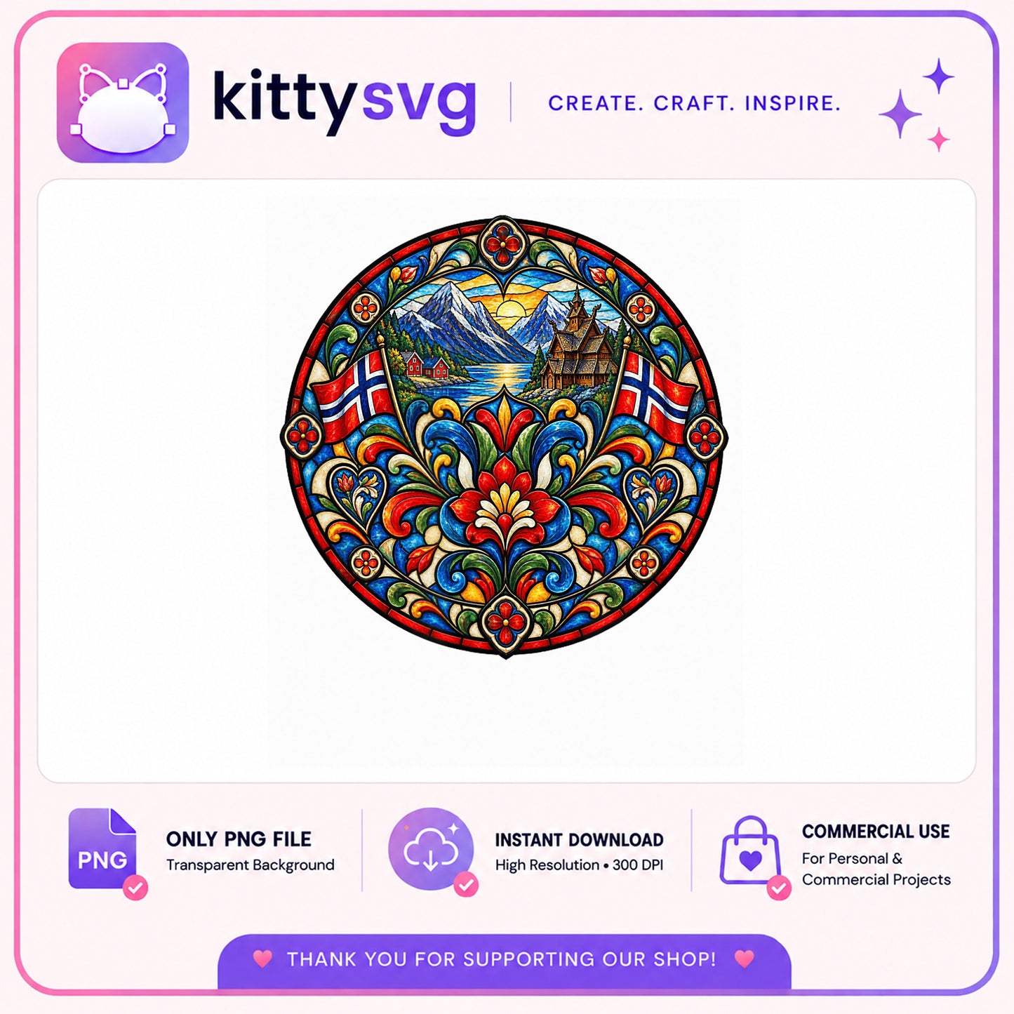 Norway Stained Glass Mandala PNG, Norwegian Flag PNG, Rosemaling PNG